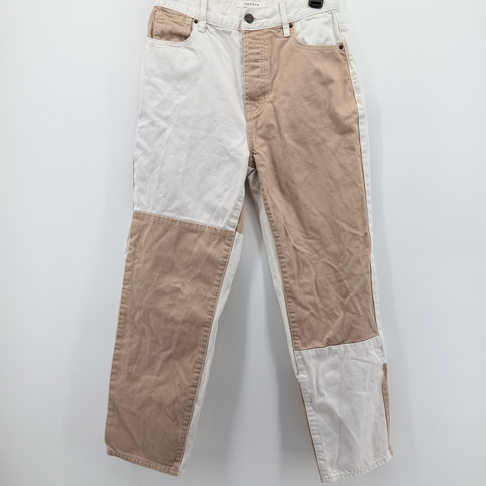 PacSun 26 High Rise Straight Colorblock Patchwork Jeans Tan White Button Fly